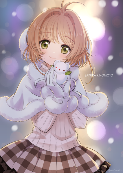 Anime picture 752x1062 with card captor sakura clamp kinomoto sakura kero (cardcaptor sakura) morikura en tall image looking at viewer short hair smile brown hair holding green eyes fur trim plaid skirt girl skirt gloves white gloves fur cape