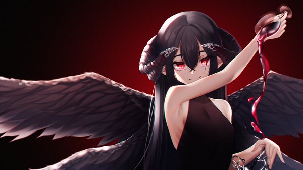 Anime picture 3840x2160 with original the cold single long hair looking at viewer fringe highres breasts black hair simple background smile hair between eyes red eyes wide image standing bare shoulders holding absurdres upper body arm up