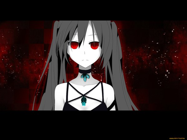 Anime picture 1600x1200 with vocaloid hatsune miku single long hair looking at viewer fringe black hair red eyes twintails alternate costume letterboxed close-up pale skin checkered alternate color empty eyes girl pendant jewelry