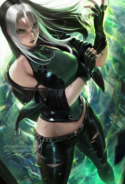 Anime-Bild 684x1000 mit x-men x-men evolution marvel comics rogue (x-men) sakimichan single long hair tall image looking at viewer breasts large breasts standing bare shoulders green eyes signed nail polish multicolored hair from above wind realistic