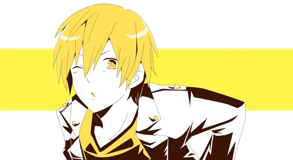 Anime picture 2341x1282 with durarara!! brains base (studio) kida masaomi single highres short hair open mouth simple background wide image yellow eyes one eye closed wink boy