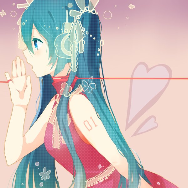 Anime picture 1024x1024 with vocaloid hatsune miku itamidome single blue eyes simple background twintails very long hair aqua hair crying girl dress ribbon (ribbons) heart headphones