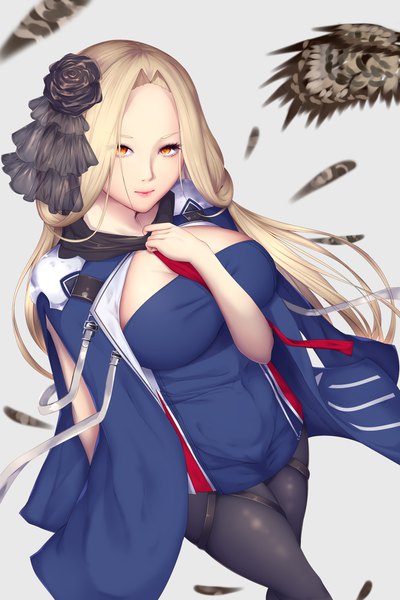 Anime picture 1170x1754 with azur lane bunker hill (azur lane) shiro usagi single long hair tall image looking at viewer fringe breasts light erotic simple background blonde hair large breasts standing lips grey background orange eyes dutch angle lipstick hand on chest