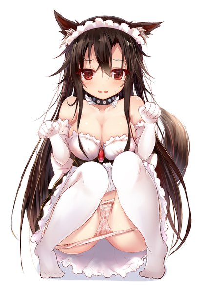 Anime picture 900x1272 with touhou imaizumi kagerou efe single long hair tall image looking at viewer blush fringe breasts open mouth light erotic simple background hair between eyes brown hair large breasts sitting bare shoulders brown eyes animal ears