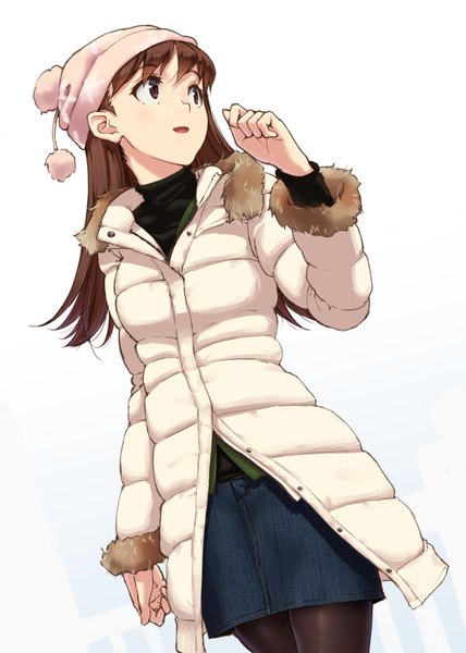 Anime picture 803x1126 with kantai collection ooi light cruiser aya shachou single long hair tall image fringe open mouth brown hair brown eyes looking away open jacket dutch angle fur trim girl skirt miniskirt jacket fur cap