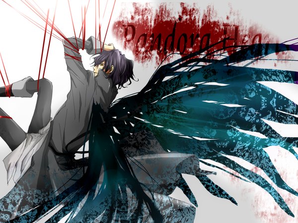 Anime picture 1600x1200 with pandora hearts xebec gilbert nightray mutuha69 single short hair simple background white background purple hair wallpaper jpeg artifacts boy wings blood cloak thread