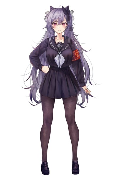 Anime picture 6000x8918 with genshin impact keqing (genshin impact) torriet single long hair tall image looking at viewer blush fringe highres simple background hair between eyes standing white background absurdres purple hair full body pleated skirt pink eyes alternate costume