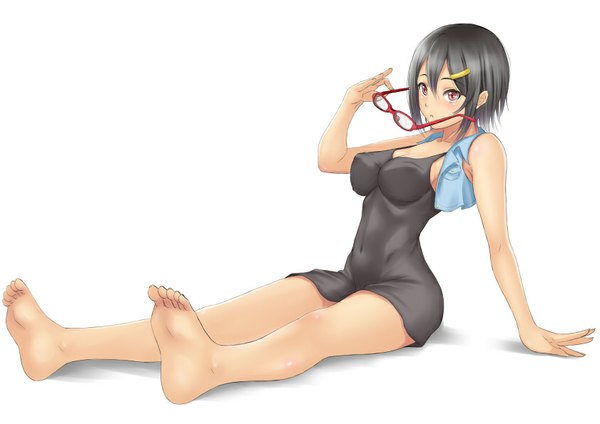 Anime picture 841x595 with original muffin (sirumeria) single blush short hair breasts light erotic black hair red eyes white background sitting full body arm support bare legs eyewear removed girl glasses bolero