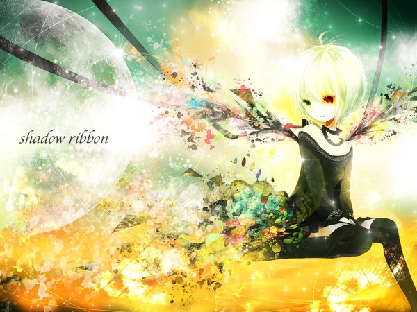 Anime picture 2000x1500 with original mirusa single highres short hair blonde hair sitting bare shoulders ahoge heterochromia girl thighhighs dress ribbon (ribbons) black thighhighs wings black dress collar planet