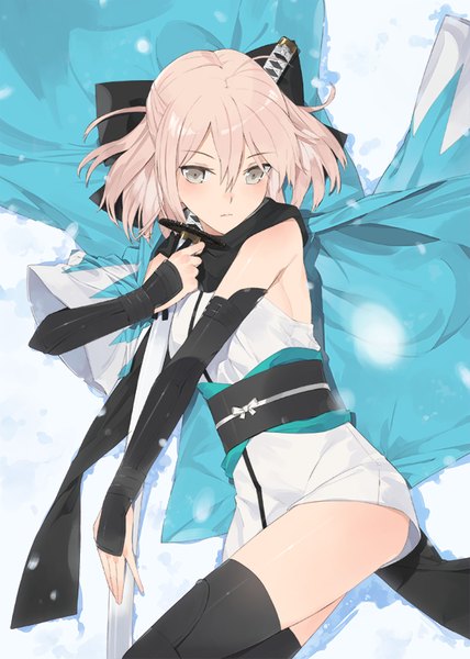 Anime picture 587x821 with fate (series) okita souji (fate) (all) okita souji (koha-ace) hayashi kewi single tall image looking at viewer blush fringe short hair breasts light erotic hair between eyes holding pink hair ahoge lying traditional clothes japanese clothes from above