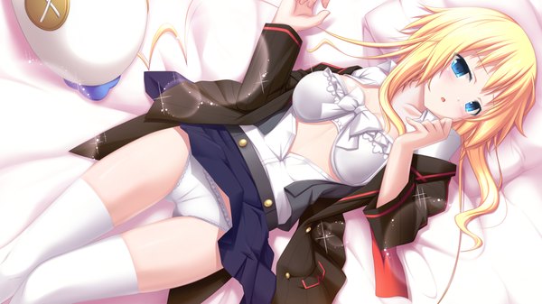 Anime picture 1024x576 with soukoku no arterial long hair blush blue eyes light erotic blonde hair wide image game cg lying open clothes open shirt girl thighhighs skirt underwear panties miniskirt white thighhighs