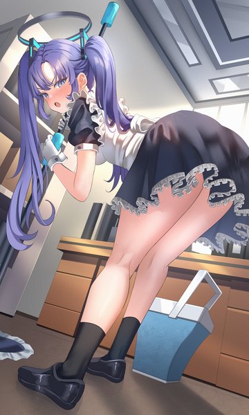 Anime picture 3000x5000 with blue archive yuuka (blue archive) sysen single long hair tall image looking at viewer blush highres breasts open mouth blue eyes light erotic twintails holding purple hair full body ass indoors bare legs