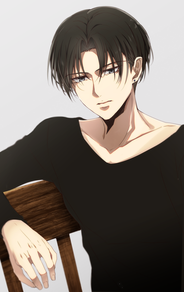 Anime picture 1262x2000 with shingeki no kyojin production i.g levi (rivaille) kanda faf2 single tall image short hair black hair simple background looking away upper body black eyes grey background boy earrings stud earrings