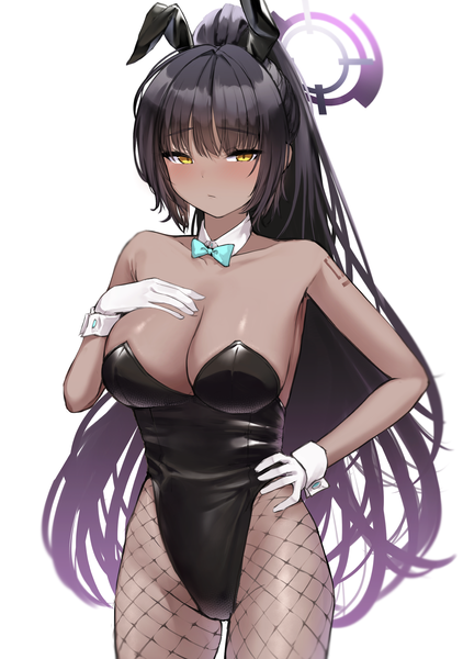 Anime picture 1764x2508 with blue archive karin (blue archive) karin (bunny) (blue archive) toshise. single long hair tall image looking at viewer fringe highres breasts light erotic black hair simple background smile hair between eyes large breasts white background animal ears yellow eyes