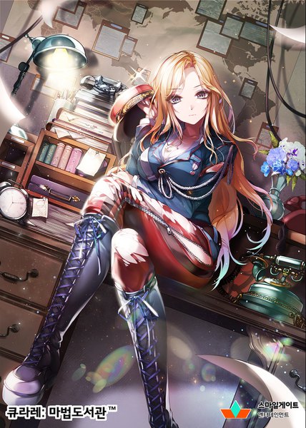 Anime picture 1200x1680 with qurare: magic library kanola u kauy single long hair tall image looking at viewer breasts light erotic blonde hair large breasts sitting holding brown eyes bent knee (knees) indoors sunlight sparkle grey eyes crossed legs