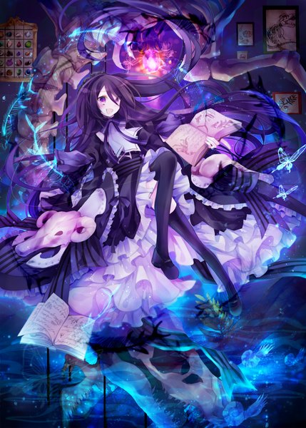 Anime picture 1072x1500 with original ibara riato long hair tall image open mouth black hair purple eyes purple hair crossed legs magic girl thighhighs dress black thighhighs book (books) skull
