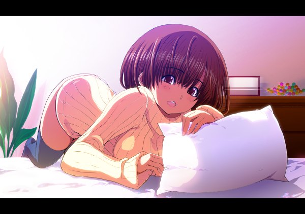 Anime picture 1200x844 with original tobestyle0 single short hair open mouth light erotic red eyes brown hair girl thighhighs black thighhighs pillow sweater