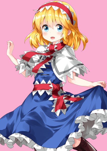 Anime picture 1000x1400 with touhou alice margatroid ruu (tksymkw) single tall image looking at viewer blush fringe short hair open mouth blue eyes simple background blonde hair hair between eyes :d pink background girl hairband