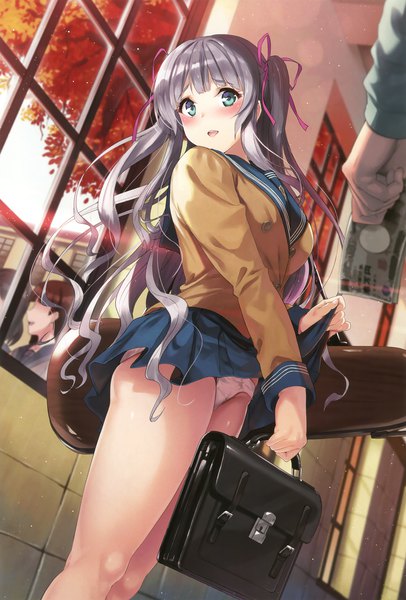 Anime picture 2371x3500 with melonbooks kichiroku long hair tall image blush highres open mouth light erotic looking away aqua eyes grey hair scan two side up solo focus skirt lift girl skirt uniform underwear panties
