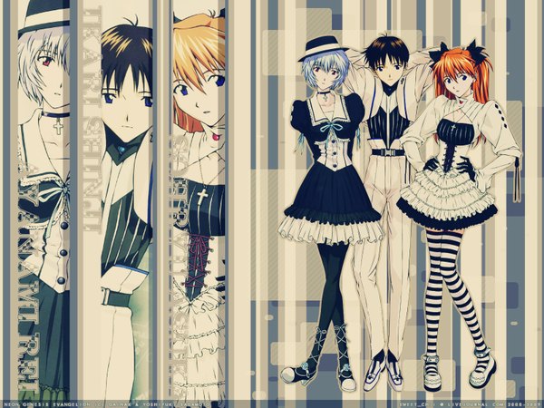 Anime picture 1600x1200 with neon genesis evangelion gainax soryu asuka langley ayanami rei ikari shinji fukano youichi long hair looking at viewer short hair black hair standing multiple girls blue hair orange hair hand on hip group third-party edit zoom layer hands on hips gothic