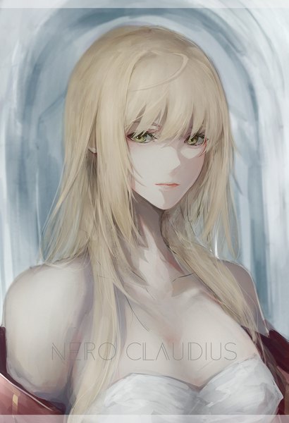 Anime picture 1045x1529 with fate (series) fate/extra nero claudius (fate) (all) nero claudius (fate) marumoru single long hair tall image looking at viewer fringe breasts blonde hair bare shoulders green eyes payot cleavage ahoge blurry off shoulder character names