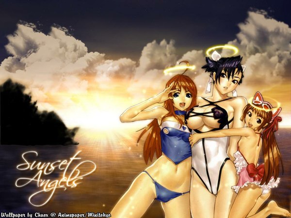 Anime picture 1024x768 with bakuretsu tenshi meg (bakuretsu tenshi) sei (bakuretsu tenshi) amy (bakuretsu tenshi) light erotic angel swimsuit