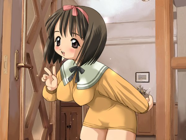 Anime picture 1600x1200 with nikaime light erotic brown hair brown eyes teeth fang (fangs) skin tight