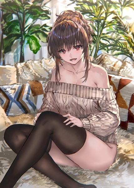 Anime picture 1141x1600 with original ranou single tall image looking at viewer blush fringe short hair breasts open mouth light erotic smile hair between eyes red eyes brown hair sitting bare shoulders payot bent knee (knees) long sleeves