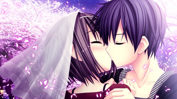 Anime picture 1280x720 with sakura sakimashita akizuki tsukasa short hair black hair wide image game cg eyes closed couple cherry blossoms kiss girl boy petals