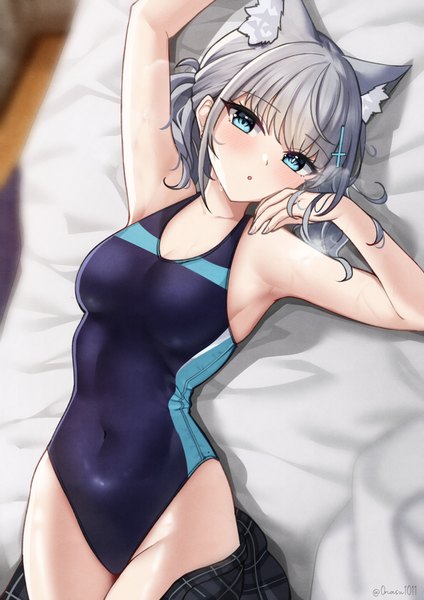 Anime picture 2481x3507 with blue archive shiroko (blue archive) shiroko (swimsuit) (blue archive) nassss single tall image looking at viewer blush fringe highres short hair breasts blue eyes light erotic animal ears lying blunt bangs arm up grey hair armpit (armpits)