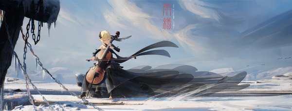 Anime picture 4338x1650 with genshin impact lumine (genshin impact) ame999 single fringe highres short hair blonde hair hair between eyes wide image sitting signed payot sky outdoors eyes closed hair flower dated snow playing instrument