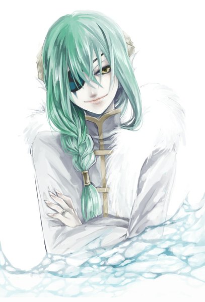 Anime picture 563x828 with kamisama hajimemashita king of dragons tagme (artist) single long hair tall image looking at viewer fringe simple background smile white background yellow eyes braid (braids) fingernails green hair lips single braid crossed arms boy water