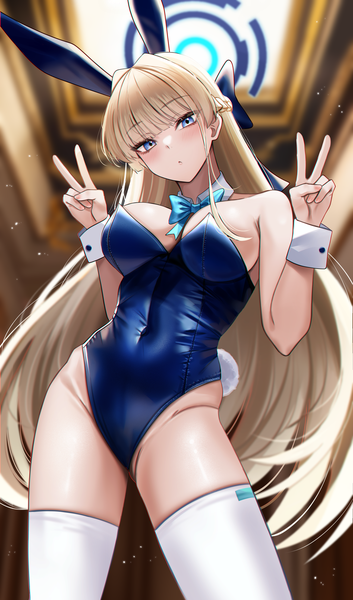 Anime picture 1300x2211 with blue archive toki (blue archive) toki (bunny) (blue archive) nicky w single long hair tall image looking at viewer blush fringe breasts blue eyes light erotic blonde hair large breasts standing bare shoulders animal ears cleavage tail