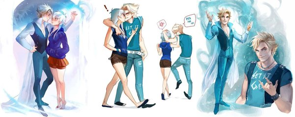 Anime picture 1920x767 with frozen (disney) rise of the guardians disney dreamworks elsa (frozen) jack frost (rise of the guardians) tagme (artist) long hair blush highres short hair blue eyes blonde hair wide image silver hair white hair barefoot grey eyes couple hug
