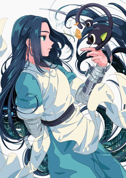 Anime-Bild 2508x3541 mit the legend of luo xiaohei luo xiaohei heixiu wuxian (the legend of luoxiaohei) kisumi rei single long hair tall image highres signed blue hair looking away profile aqua eyes boy flower (flowers) animal cat