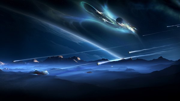 Anime picture 1400x788 with original edlo (artist) wide image mountain no people landscape science fiction planet aircraft spacecraft airship