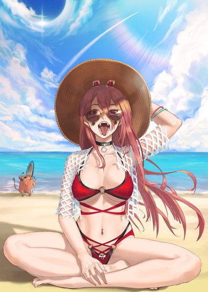 Anime picture 1500x2109 with chainsaw man mappa power (chainsaw man) pochita (chainsaw man) pumpkin king single long hair tall image looking at viewer fringe breasts open mouth light erotic hair between eyes red eyes large breasts sitting pink hair sky cloud (clouds)