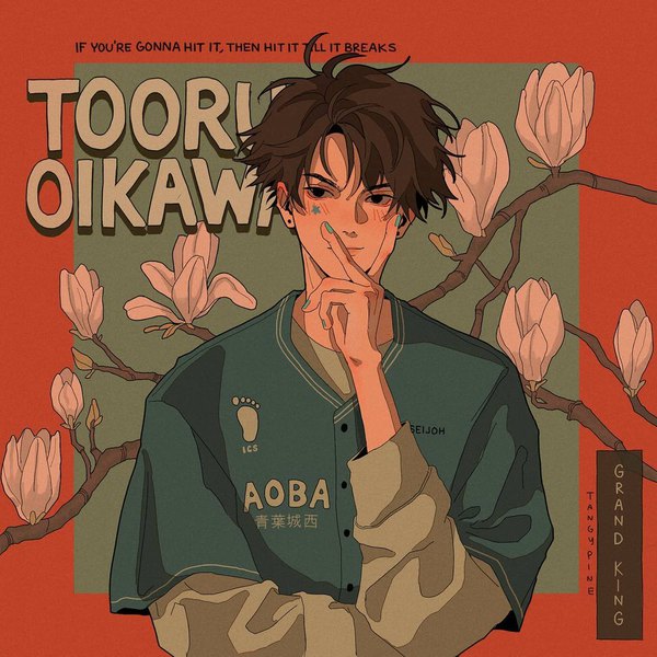 Anime picture 1080x1080 with haikyuu!! production i.g ooikawa tooru tangypine single looking at viewer blush fringe short hair simple background brown hair signed upper body nail polish black eyes character names text facial mark border english