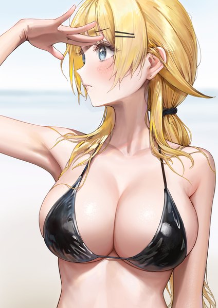 Anime picture 1200x1697 with idolmaster idolmaster shiny colors hachimiya meguru ame (uten cancel) single long hair tall image blush fringe breasts blue eyes light erotic blonde hair large breasts looking away upper body arm up low ponytail revision salute