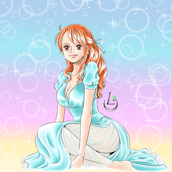 Anime picture 4134x4134 with one piece toei animation nami (one piece) ludovica single long hair fringe highres breasts smile sitting brown eyes signed payot looking away absurdres cleavage full body bent knee (knees) barefoot