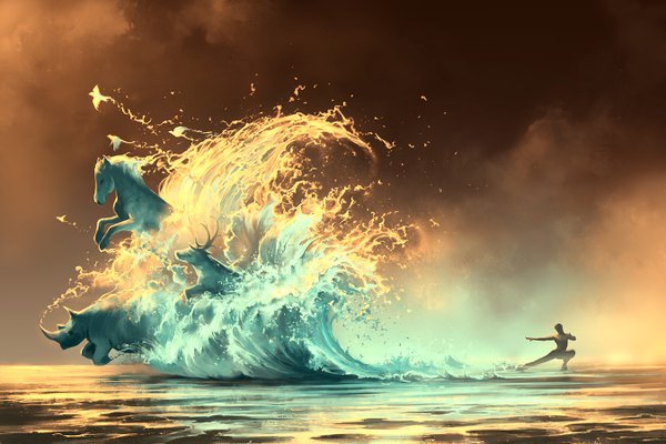 Anime picture 1350x900 with original aquasixio (artist) short hair bare shoulders horn (horns) sunlight realistic bare belly flying scenic running surreal boy animal water sea bird (birds) horse