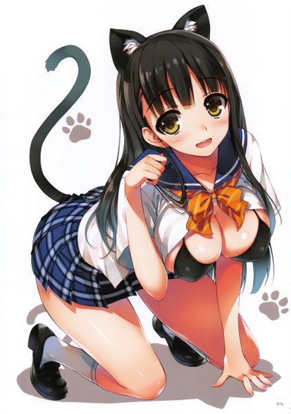 Anime picture 3500x4972 with original tomose shunsaku single long hair tall image looking at viewer blush highres breasts open mouth light erotic black hair large breasts white background animal ears yellow eyes absurdres tail animal tail cat ears