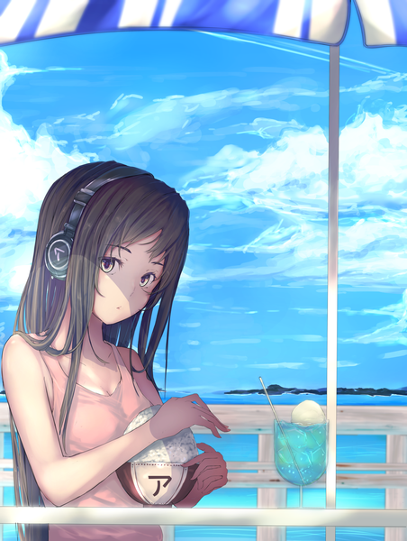 Anime picture 1400x1855 with original marumoru single long hair tall image looking at viewer black hair bare shoulders yellow eyes sky cloud (clouds) girl food sweets headphones ice cream