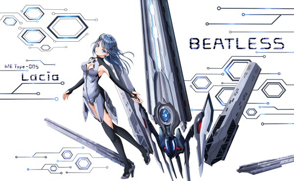 イラスト 6500x4000 と beatless leicia star-ring ソロ 長髪 カメラ目線 highres おっぱい 開いた口 青い目 light erotic wide image 白背景 青い髪 absurdres cleavage 全身 armpit (armpits) copyright name character names