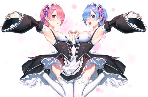 Anime picture 1480x980 with re:zero kara hajimeru isekai seikatsu white fox rem (re:zero) ram (re:zero) yasuyuki looking at viewer blush fringe short hair breasts open mouth blue eyes light erotic simple background smile standing white background multiple girls blue hair pink hair