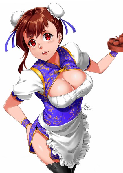 Anime picture 1920x2712 with original lulu-chan92 single tall image looking at viewer fringe highres short hair breasts open mouth light erotic red eyes brown hair large breasts white background signed cleavage traditional clothes from above short sleeves