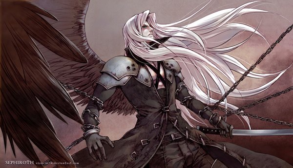 Anime picture 1000x575 with final fantasy vii advent children final fantasy final fantasy vii square enix sephiroth virus-ac74 single long hair wide image white hair inscription black wings single wing boy gloves weapon sword wings belt armor