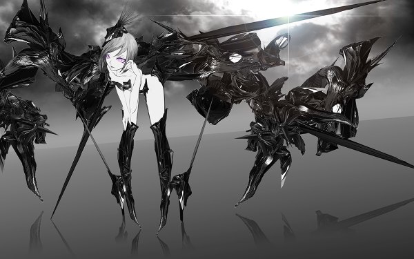 Anime picture 1200x750 with original yuya togashi short hair light erotic looking away grey hair sunlight monochrome bent over white skin mecha musume abstract girl weapon armor thigh boots