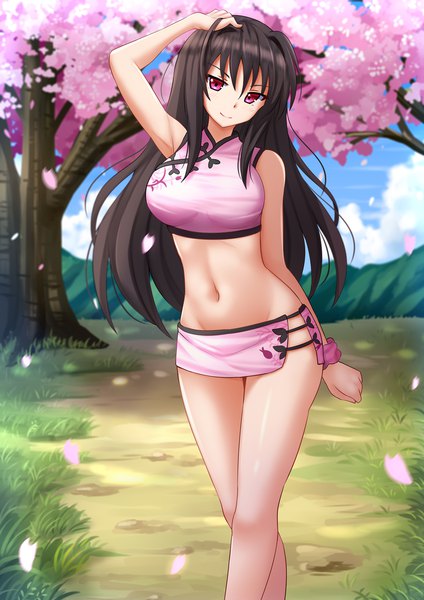 Anime picture 1200x1697 with highschool dxd raynare (dxd) kazenokaze single long hair tall image looking at viewer blush fringe breasts light erotic black hair smile hair between eyes large breasts standing bare shoulders outdoors traditional clothes pink eyes