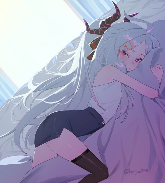 Anime picture 901x1000 with blue archive hina (blue archive) beijuu single long hair tall image looking at viewer light erotic purple eyes signed silver hair indoors lying horn (horns) sleeveless hug twitter username on stomach girl thighhighs